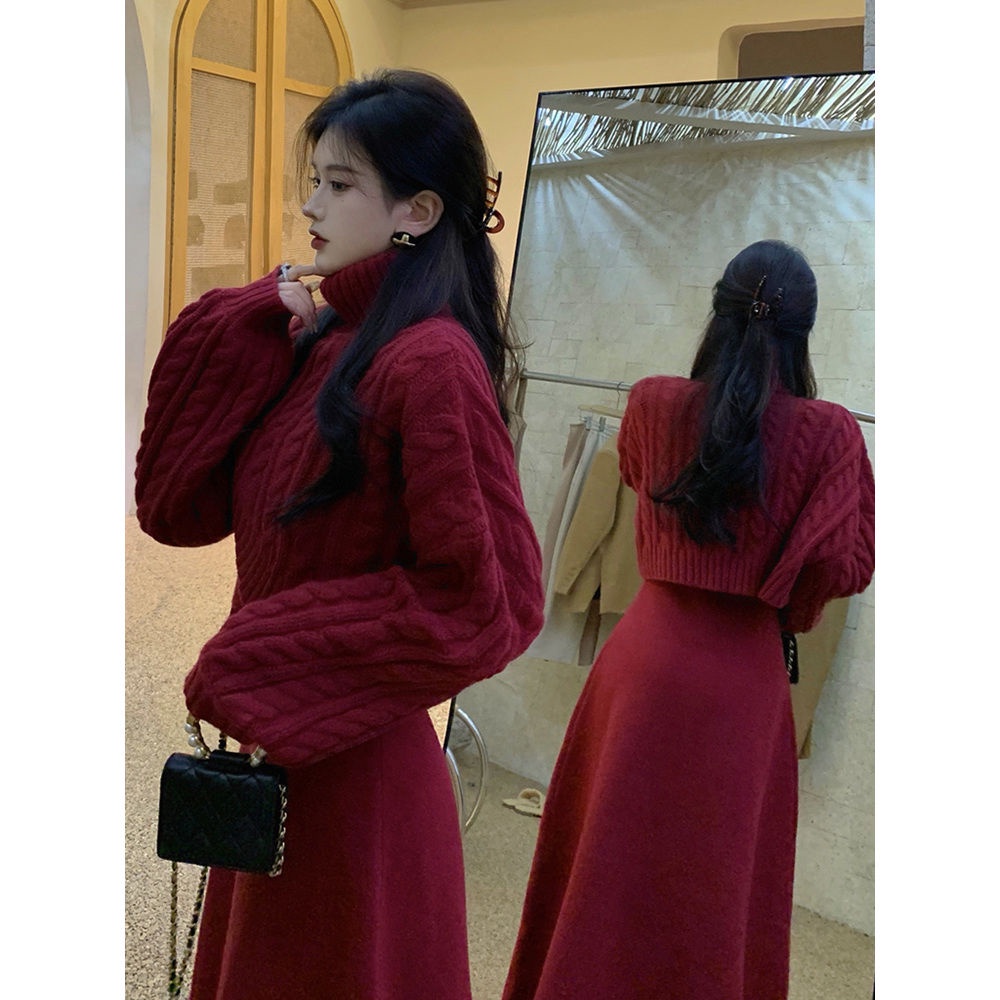 Bộ Áo Sweater Dệt Kim Phối Chân Váy Xoắn Plus Size Thời Trang Mùa Đông 2022 Cho Nữ