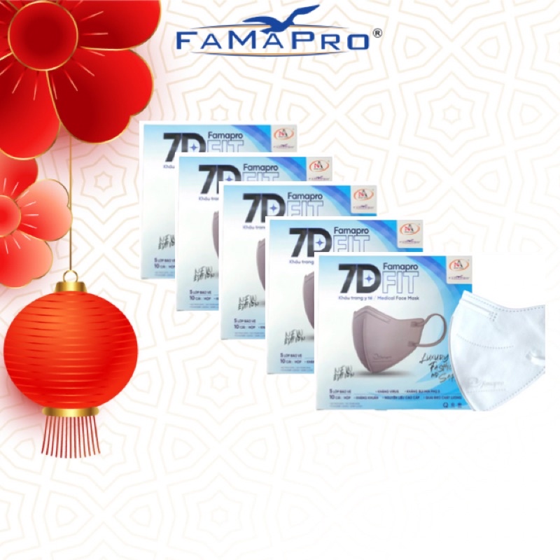 Famapro 7D FIT Combo 5 hộp Khẩu trang y tế cao cấp kháng khuẩn 5 lớp (10 cái/ hộp)