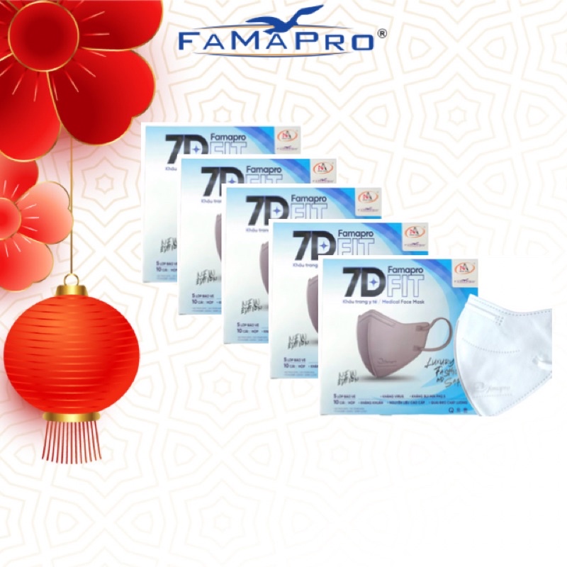 Famapro 7D FIT Combo 5 hộp Khẩu trang y tế cao cấp kháng khuẩn 5 lớp