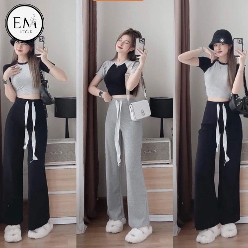 Set Bộ Nữ 2 Món Set Bộ Gồm 1 Áo Croptop Tay Ngắn Mix Quần Ống Suông EM Style