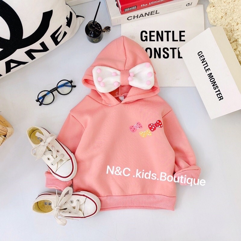 Áo hoodie dài tay thu đông bé trai bé gái kèm mũ gấu thật  chất nỉ bông siêu dầy dặn_Quần áo trẻ em thu đông