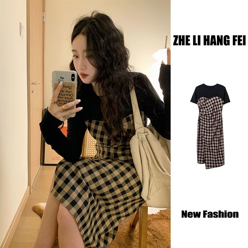 ZHELIHANGFEI Đầm Dài Dáng Chữ A Giả Hai Lớp Họa Tiết Ca Rô Thời Trang Dành Cho Nữ