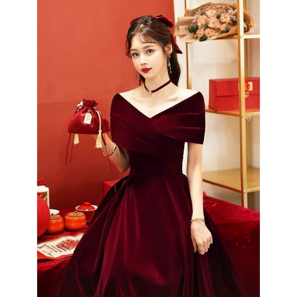 Đầm xòe cổ chữ V đi tiệc chất nhung cứng tay ngắn kiểu đan eo ôm đầm xòe xếp li đầm dài ngang gối