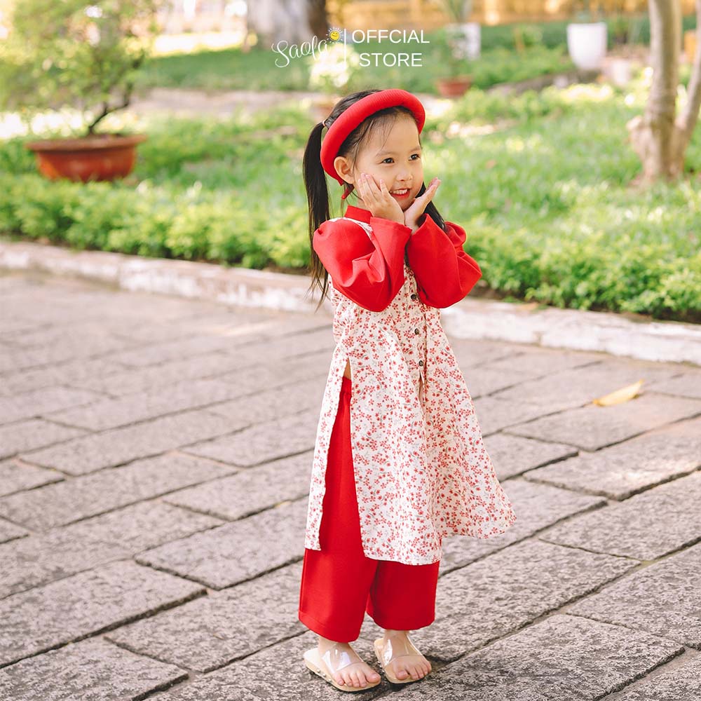  Áo Dài Tết Cho Bé Gái Hoạ Tiết Hoa Nhí - AD003 - SAOLA KIDS CLOTHING