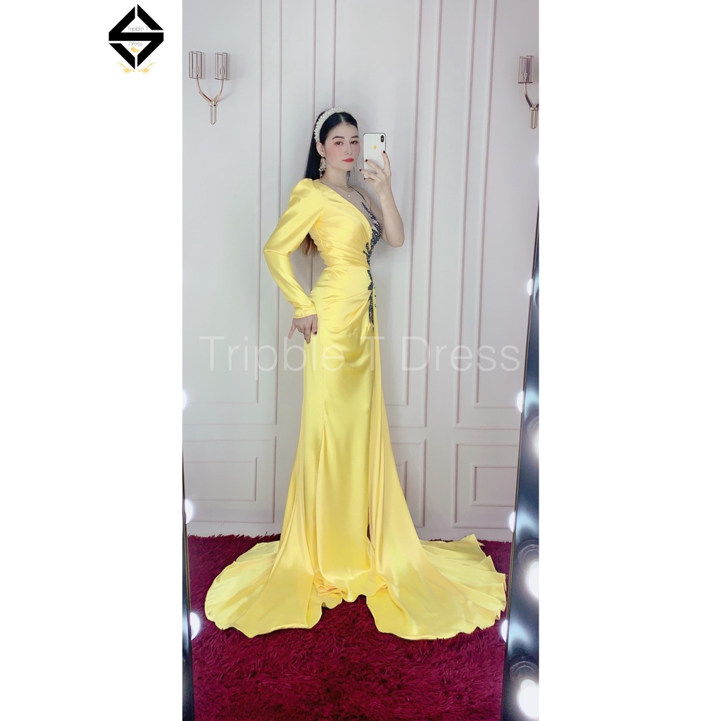 Đầm maxi dạ hôi TRIPBLE T DRESS xẻ đùi phối tà dài sang trọng - MS155Y - Size S/M/L