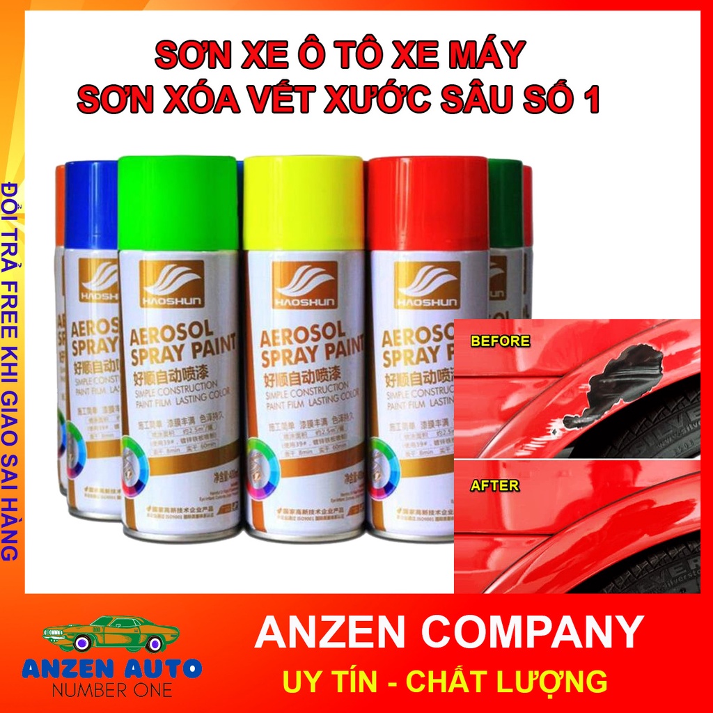 Sơn xe máy, ô tô - Sơn xịt tay màu đỏ, xanh, trắng, vàng, bạc - Sơn kim loại, nhựa nhám, bóng mịn, bám dính tốt HAO SHUN