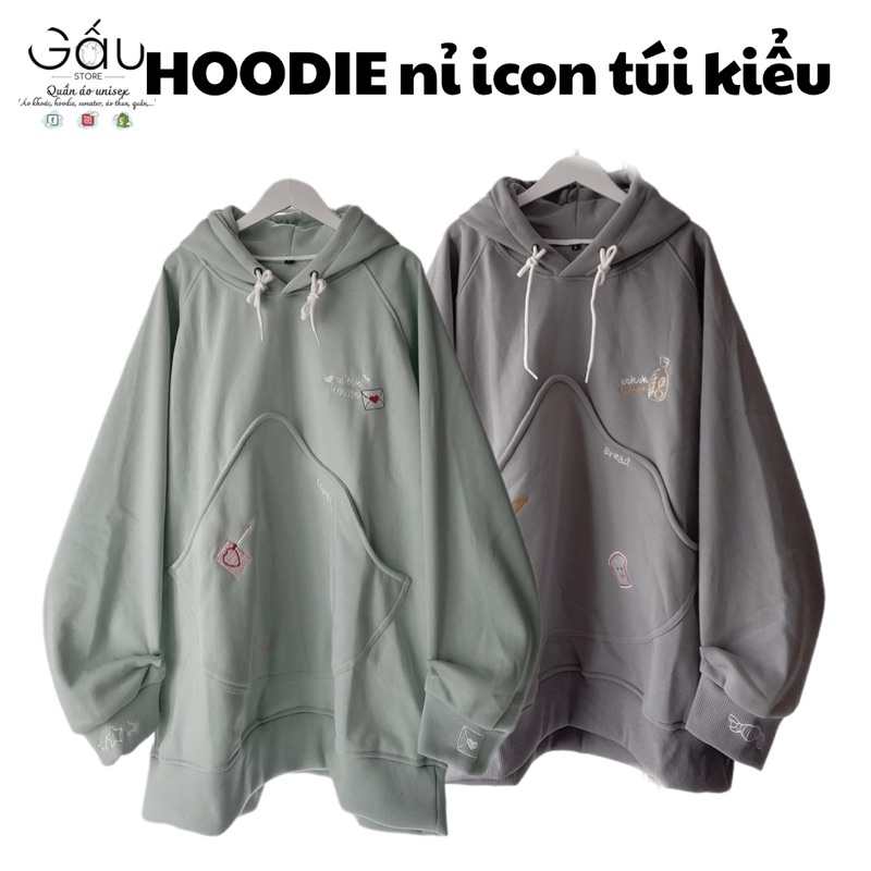 Áo HOODIE nỉ xanh mint, xám icon thêu túi kiểu Unisex (ảnh thật)