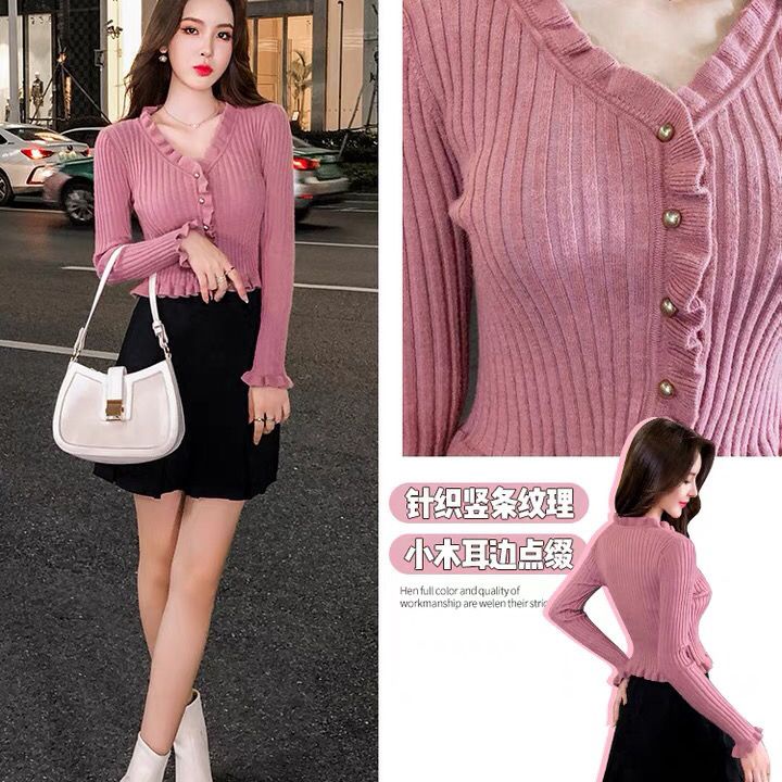 [Giao Ngay] Áo Sweater Dệt Kim Ngắn Tay Dài Dáng Ôm Màu Hồng Cá Tính Phong Cách Mới Thu Đông Cho Nữ