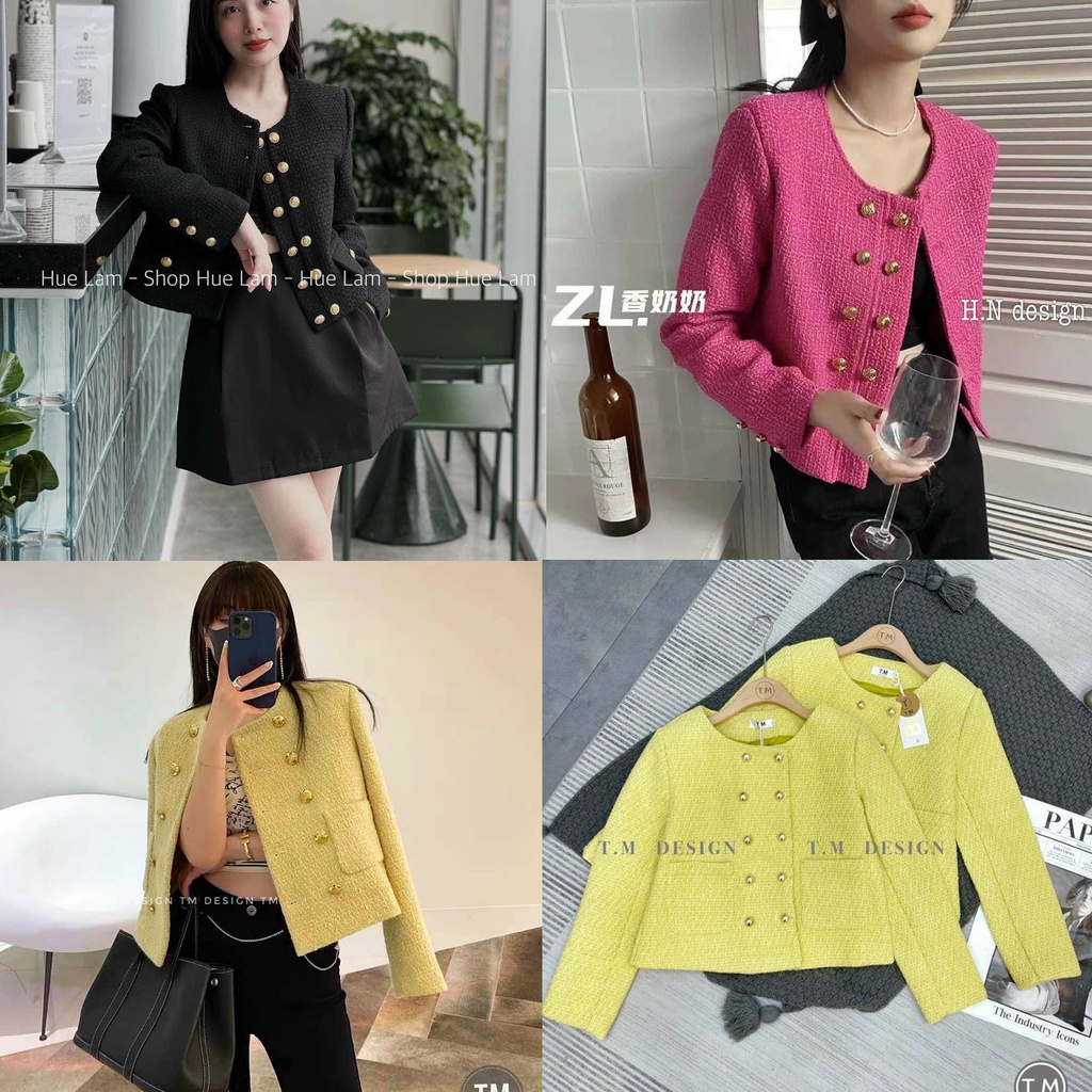 Áo Khoác Dạ Tweed Lửng Đen Hồng Nút Gài 2 Hàng Tay Dài Dáng Rộng 60kg Trở Lại Cao Cấp Ulzzang