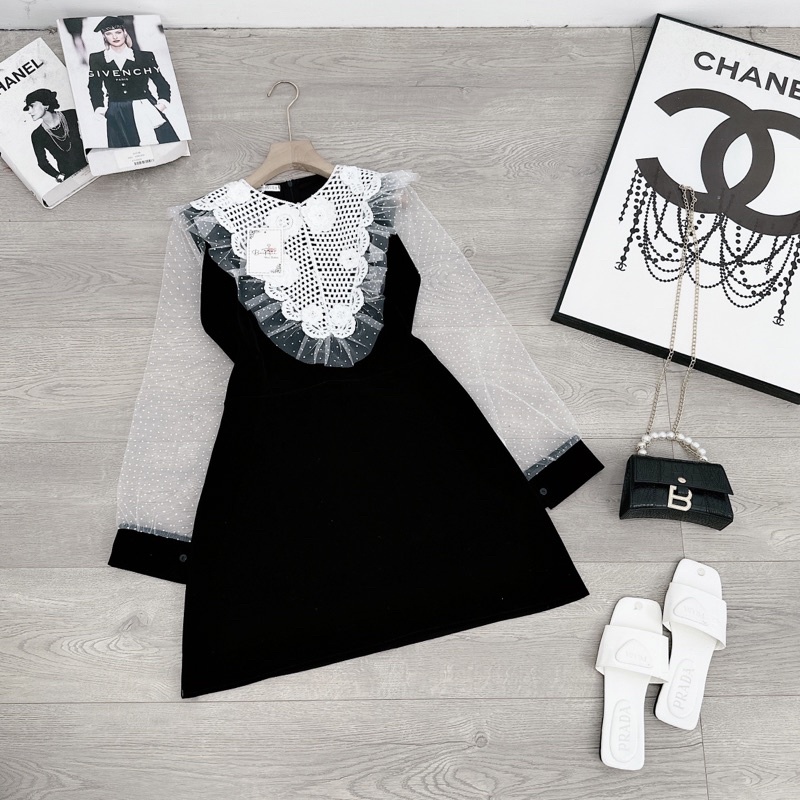 [ 𝐅𝐑𝐄𝐄 𝐒𝐇𝐈𝐏 Váy nhung cổ ren hoa phối tay hot hit Vải nhung cứng QC cao cấp, phối tay lưới bi chuẩn mẫu, khoá lưng