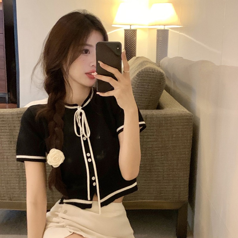 Áo Croptop Dệt Kim Tay Ngắn Cổ Tròn Đính Nơ Phong Cách Hàn Quốc Thời Trang Mùa Hè Cho Nữ