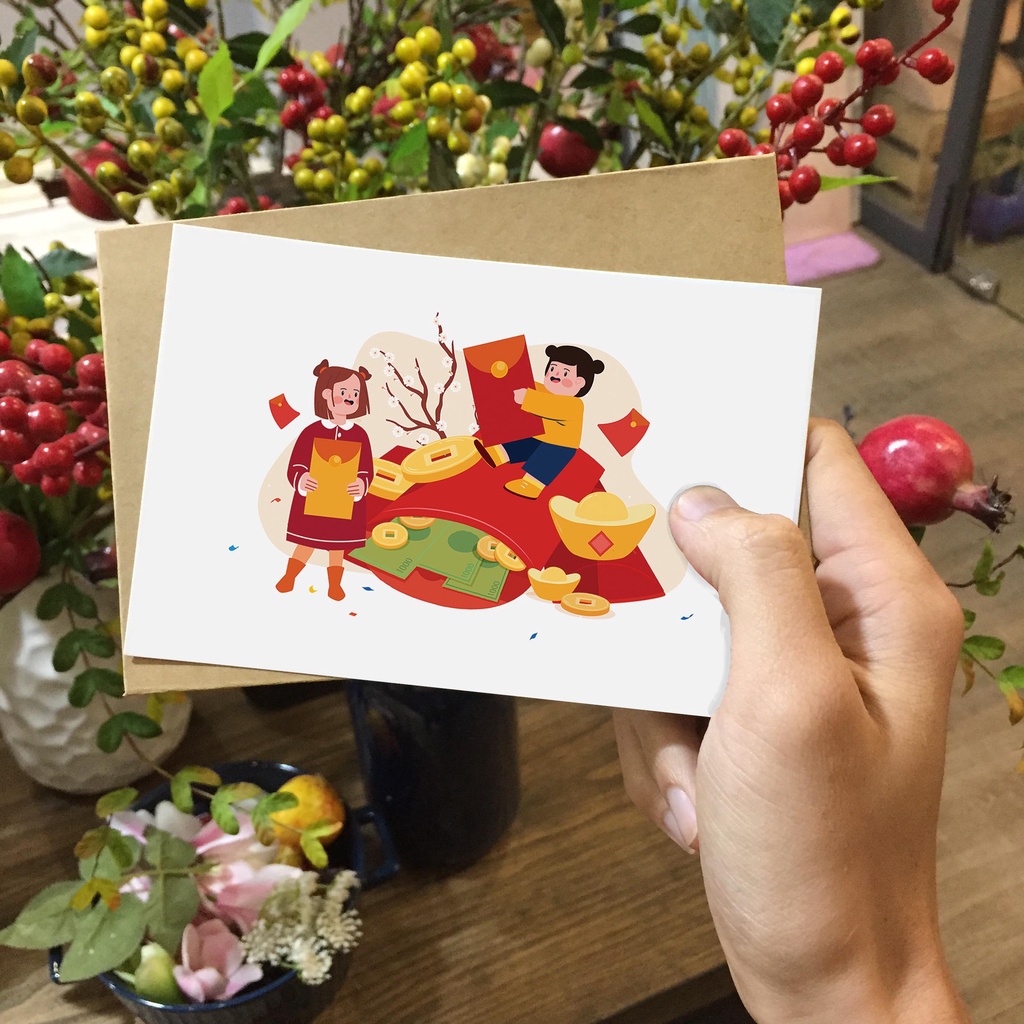 Thiệp tết, thiệp chúc mừng năm mới, postcard chủ đề tết Việt Nam, in giấy mỹ thuật kích thước 10x15, tặng kèm bao thư