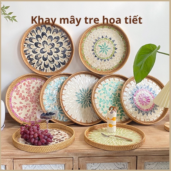 Khay tròn đựng trái cây, bánh kẹo, khay mây tre thổ cẩm họa tiết, khay đựng ly cốc decor vintage HOMEDA