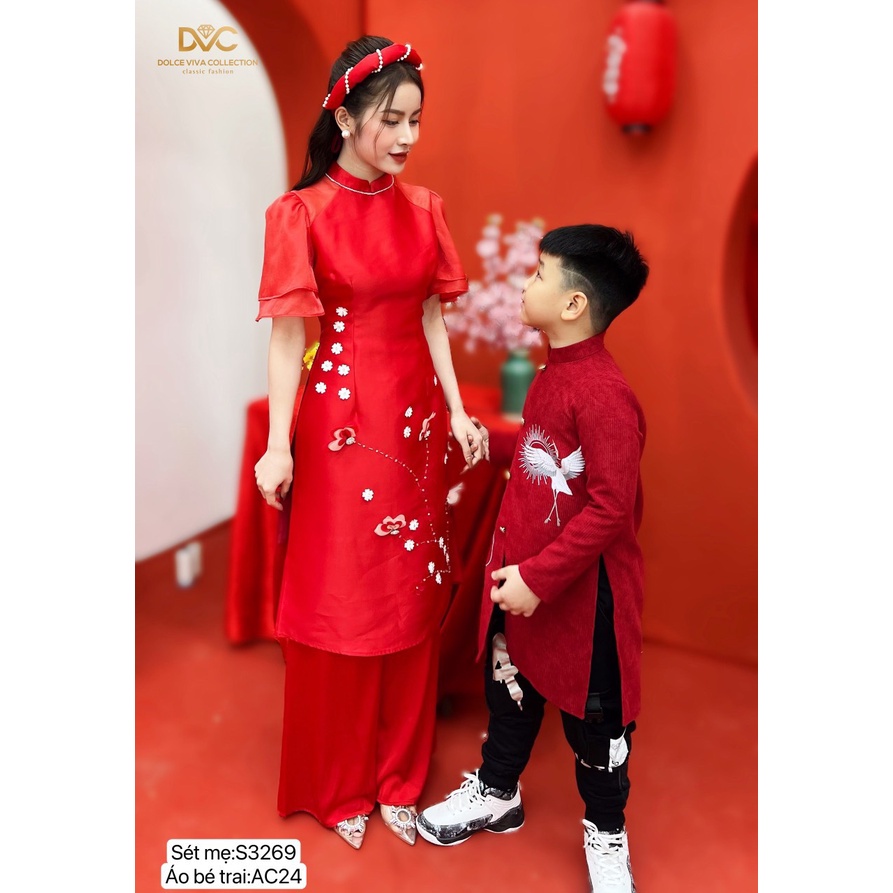 Áo dài bé trai nhung đỏ họa tiết con cò thiết kế cao cấp AC24- DVC phân phối as store