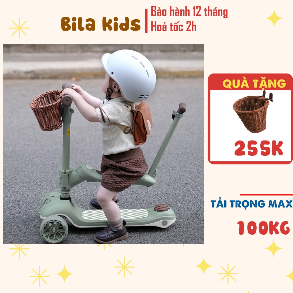 Xe scooter chòi chân cho bé BILA KIDS từ 1-14 tuổi, có ghế, tay đẩy, tải trọng 100kg Siêu bền, scoot and ride