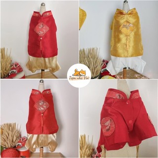 Áo dài gấm cách tân thêu hình siêu đáng yêu, áo dài tết cho thú cưng