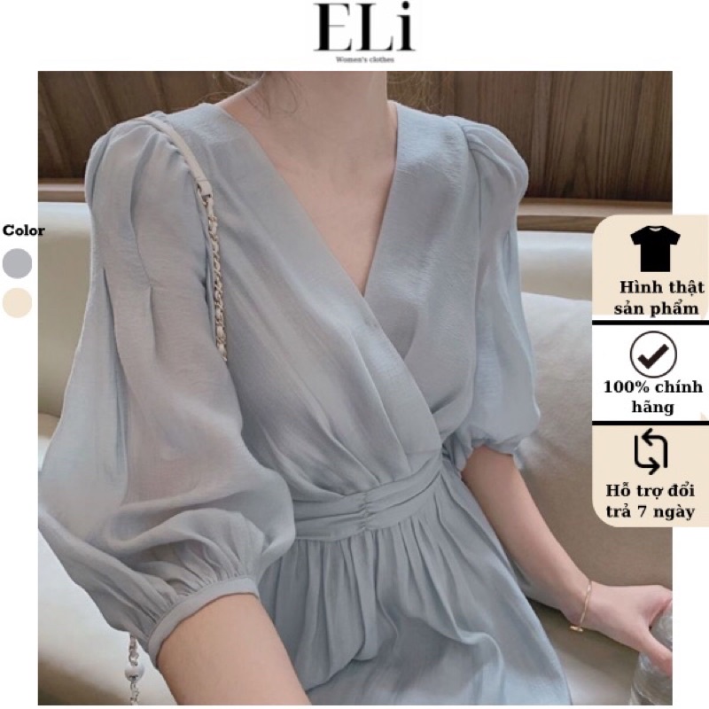 Đầm Voan Lụa 2 Lớp ELi Cổ V Đắp Chéo Dáng Dài Tay Lửng Bo Chun phong cách Hàn Quốc