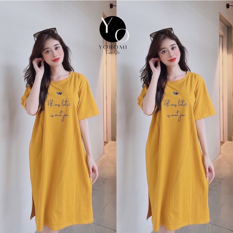 Đầm xuông nữ xẻ tà thun cotton thái cao cấp cổ tròn tay ngắn D1492