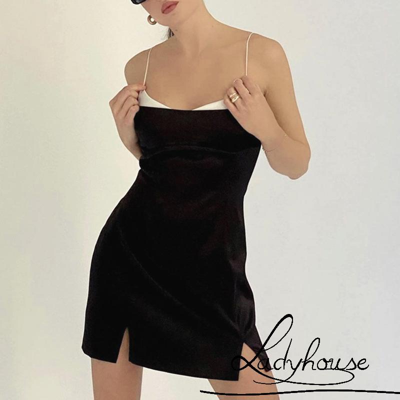 Ldd-đầm Hai Dây Xẻ Tà Cạp Thấp Một Mảnh Màu Sắc Tương Phản Không Tay Dành Cho Bạn Nữ