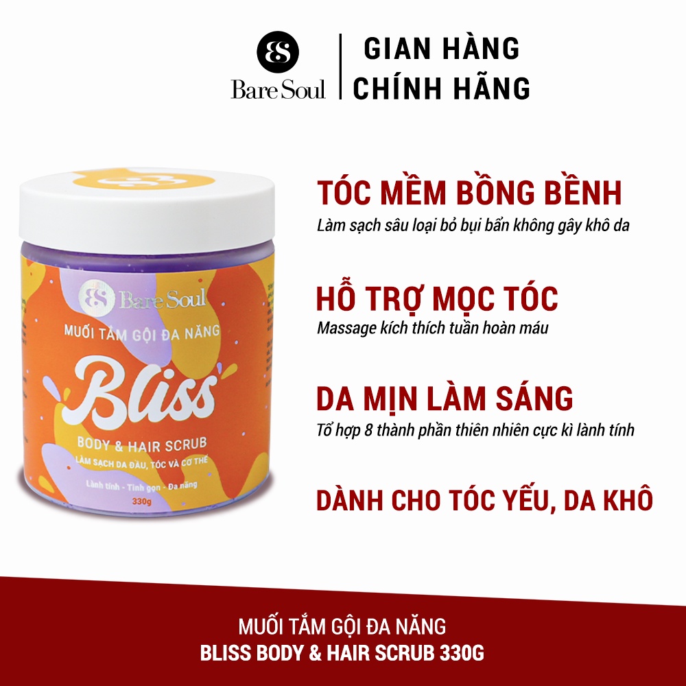 Combo 2 Muối tắm gội tẩy tế bào chết cơ thể, da đầu, tóc chứa AHA BareSoul BLISS Body & Hair Scrub 330gx2