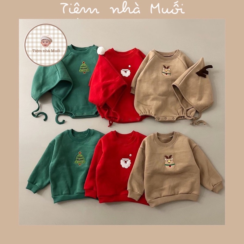 Set Bodysuit nỉ (kèm mũ)/Áo nỉ thêu hình phong cách Giáng sinh Noel cho bé trai, bé gái 5-15kg