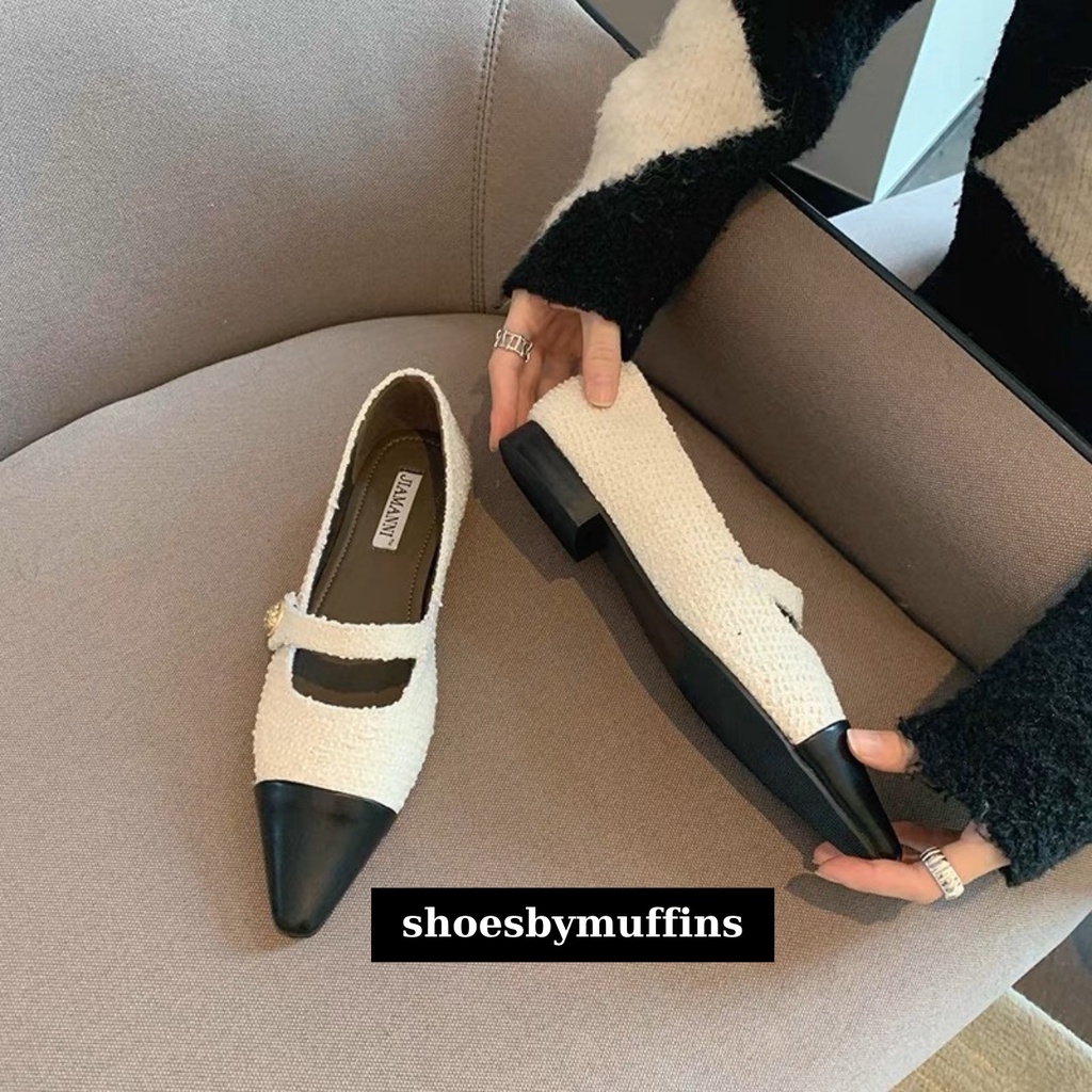 Giày búp bê mũi nhọn dạ tweed họa tiết phối màu phong cách tiểu thư sang chảnh