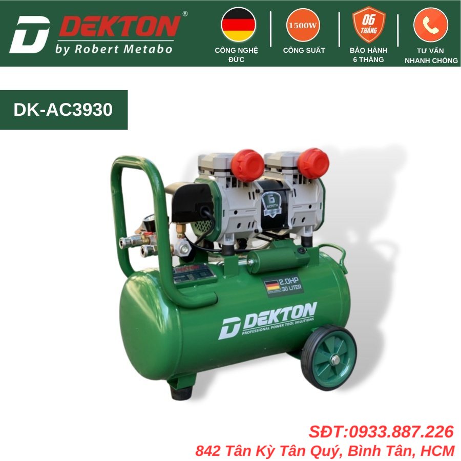 Nén Khí Không Dầu Dekton DK-AC3930 2HP/1500W/ Bình 30L - Lưu Lượng 200L/Phút