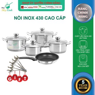 Bộ Nồi Chảo Bếp Từ 3 Đáy Inox 430 Cao Cấp Fivestar Standard 5 món nắp kính size nồi 16cm, 18cm, 20cm, 24cm & 1 chảo 24cm