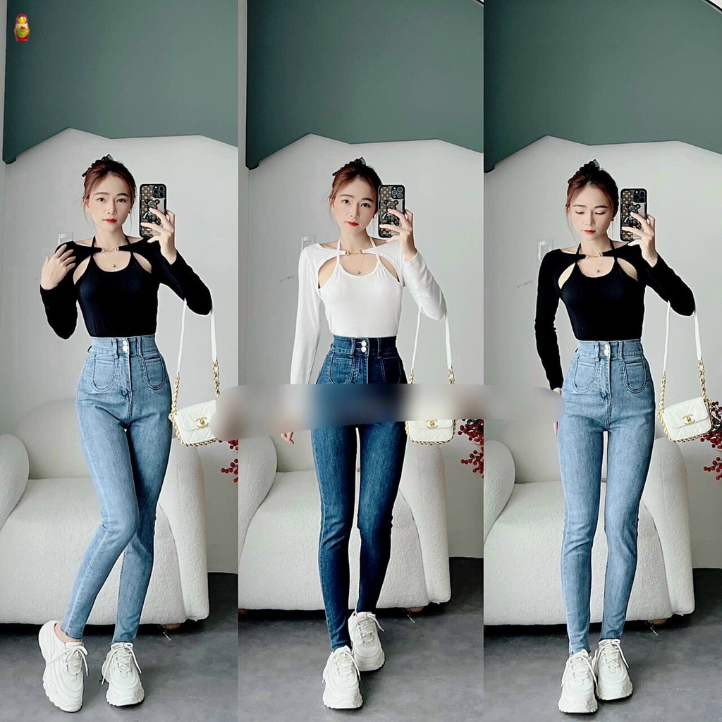 Áo kiểu tay dài phối kiểu cổ yếm 1 dây móc ngang ngực cực hot , chất thun gân dày dặn