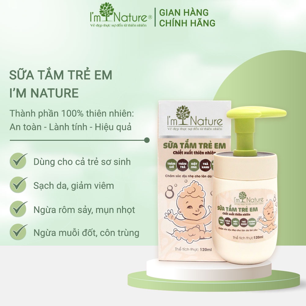 Sữa Tắm Cho Bé I'm Nature, Sữa Tắm Gội Cho Trẻ Sơ Sinh Ngừa Rôm Sảy Làm Sạch Mềm Mịn Da Dưỡng Ẩm 100% Thiên Nhiên 120ml