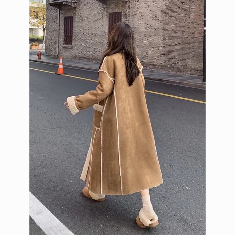 Áo khoác da lộn lót lông siêu ấm dáng dài màu nâu phong cách Hàn quốc