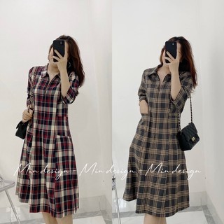 Đầm sơ mi nữ kẻ caro có túi, cổ có khóa kéo tùy chỉnh, phom váy suông rộng M52 - MIN Design