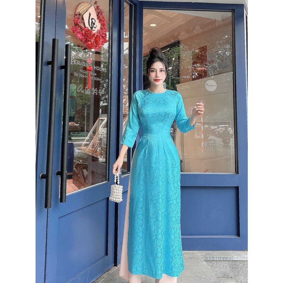 Áo dài gấm lụa hoa hồng viền cổ dễ thương AD018 - Lady Fashion