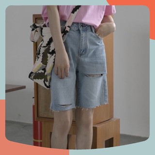 [Bigsize 30-36] Quần Lửng Xanh Nhạt Rách Sole Lai Đùi, Không Giãn, Lưng Cao Trên Rốn