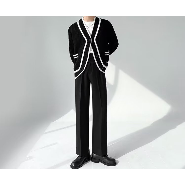 Hattongutto COD OOTD Áo Khoác cardigan Dệt Kim Cổ Chữ V Dáng Rộng Màu Trắng Đen Phong Cách Hàn Quốc Thời Trang Thu Đông Cho Nam