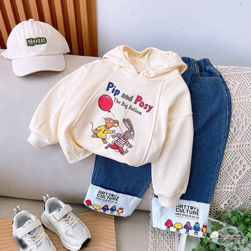 Set Đồ 2 Món Gồm Áo Sơ Mi Hoạt Hình Hàn Quốc + Quần Jean Thêu Họa Tiết Đa Năng Cho Bé Gái