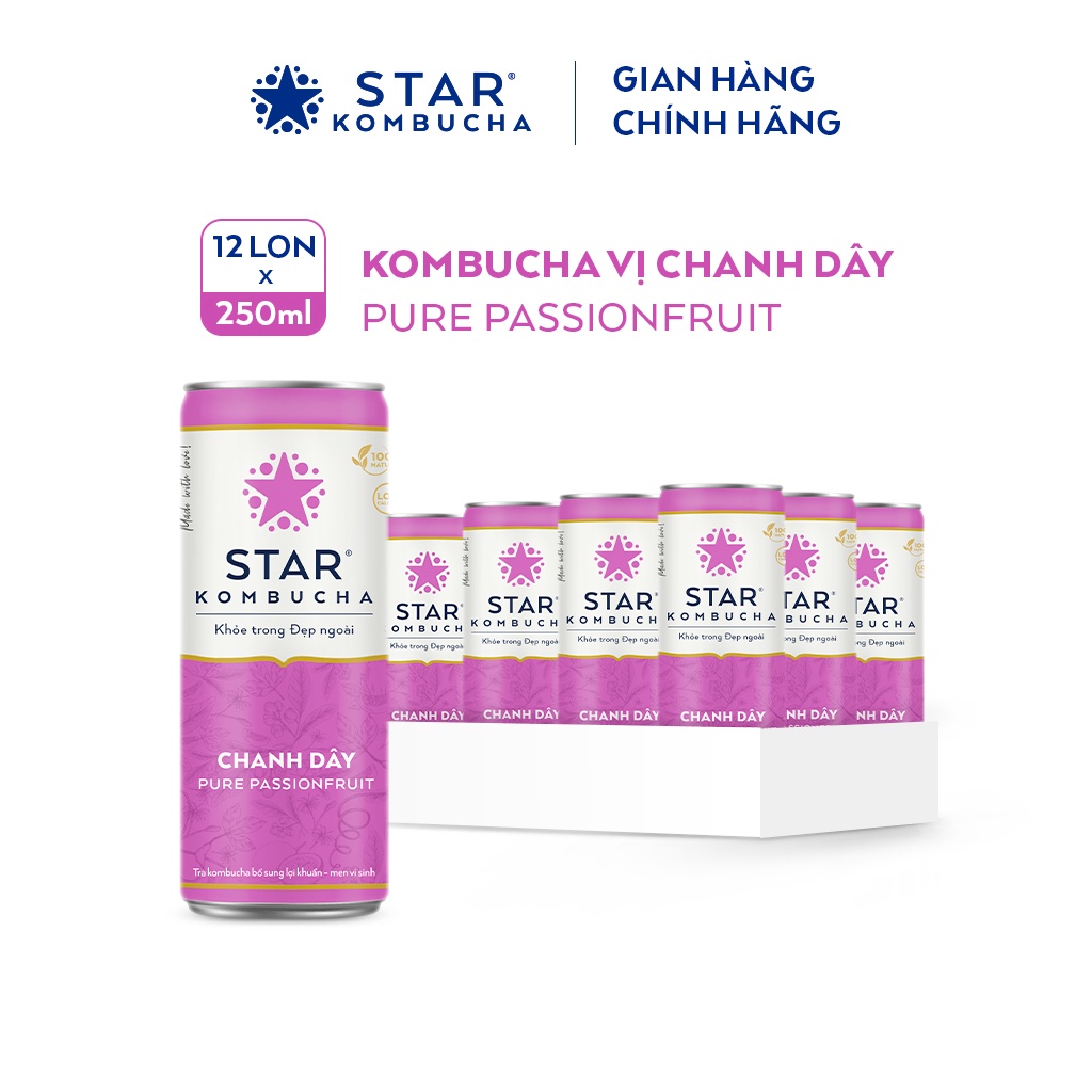 Thùng 12 lon STAR KOMBUCHA Chanh Dây / Pure Passionfruit (250ml/lon) - Trà lên men vi sinh bảo vệ sức khoẻ