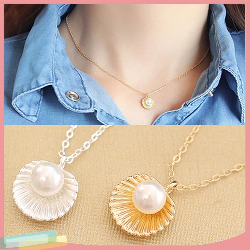 Dây chuyền mạ bạc / vàng trang trí vỏ ốc hợp kim đính ngọc trai xinh xắn cho nữ