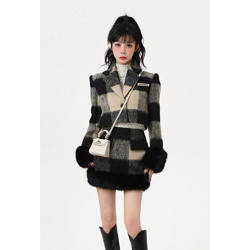 [Hàng Có Sẵn] set Áo Khoác tartan Dày Dặn Và Chân Váy Thời Trang Thu Đông Phong Cách Hàn Quốc