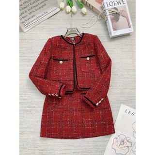 SET váy dạ Tweed đỏ viền đen hot hit dịp Tết và Giáng sinh