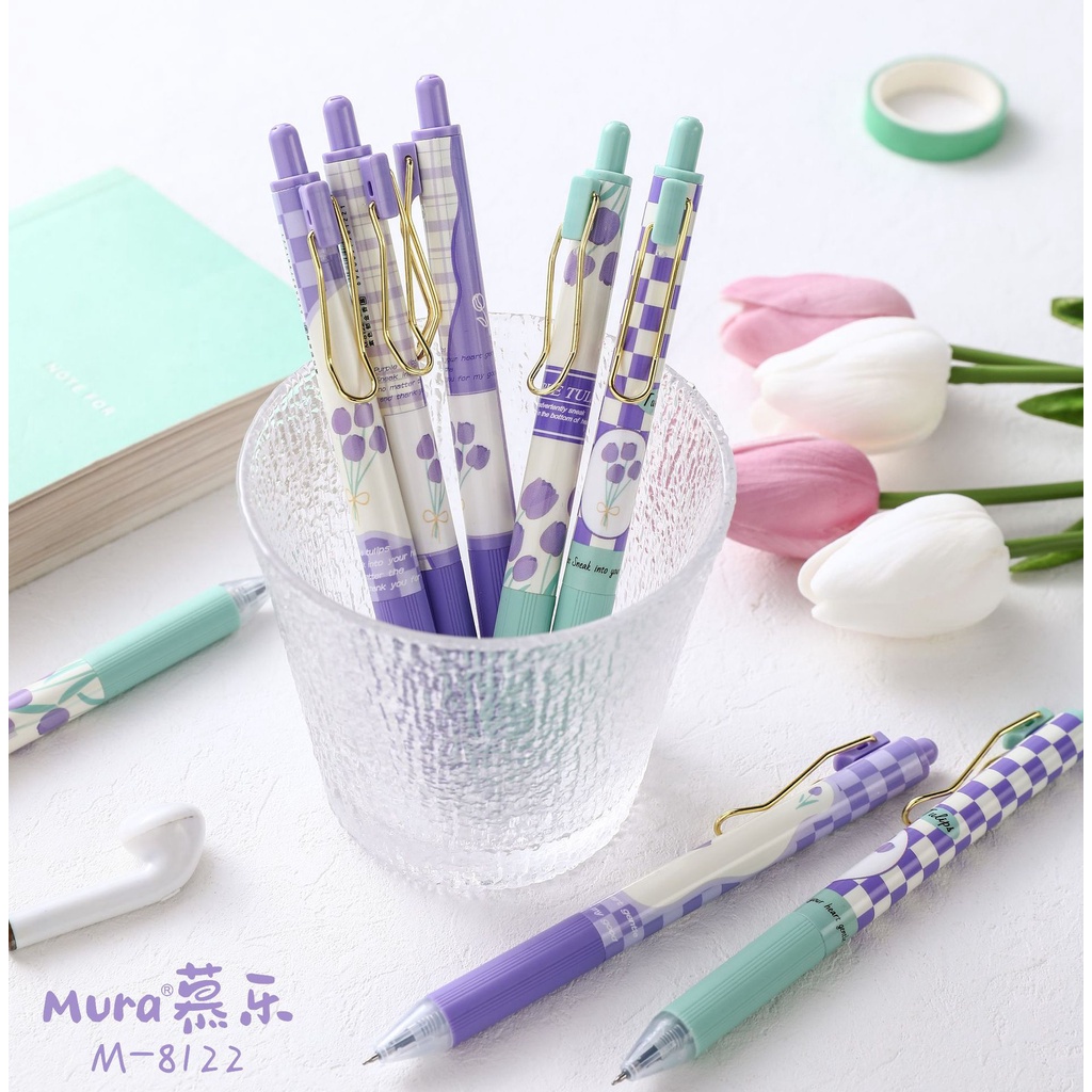 Bút Gel Đen Bấm MURA Ngòi Kim 0.5 mm; có Thanh Cài Purple Tulip