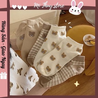 (Hàng sẵn) Set 3 đôi tất cotton co giãn gấu nhà xixitiao cổ ngắn và cổ trung