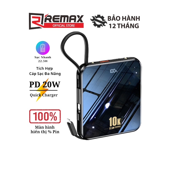 Pin dự phòng Remax RPP-285 10000mAh sạc nhanh PD QC 3.0 max 22.5W tích hợp cáp sạc Type C và iP ai-phôn