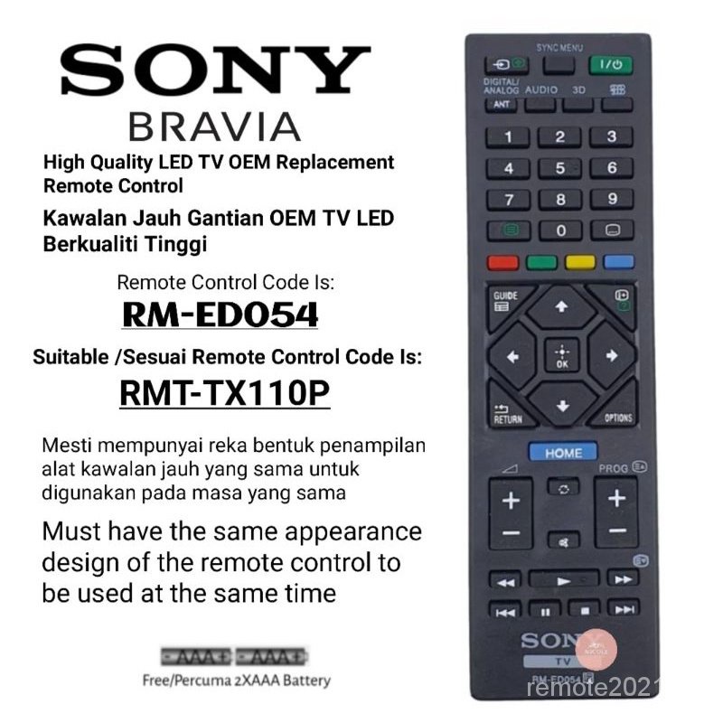 Điều Khiển Từ Xa Thay Thế Cho TV Sony Bravia RM-ED054 RMT-TX110P