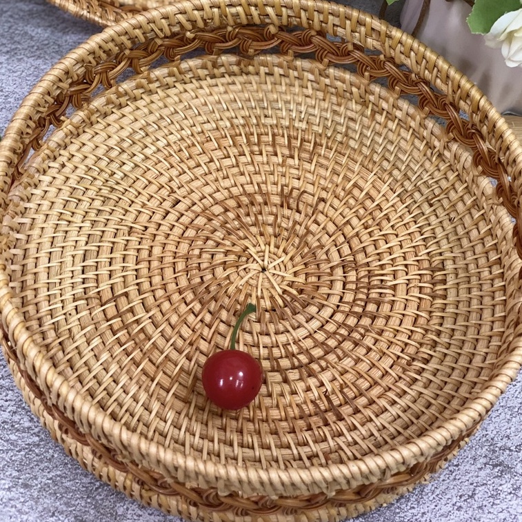 Khay mây tròn BEMIAO đan viền cách điệu D25cm, đựng đồ đa năng đan Hàng thủ công mỹ nghệ cao cấp trang trí nhà cửa
