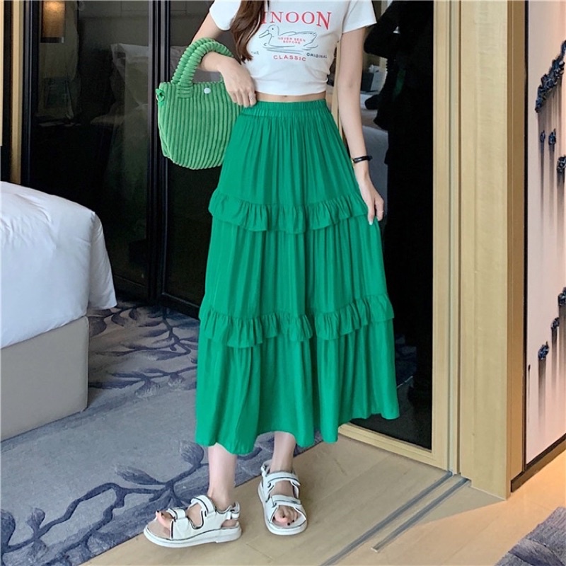 Chân váy lụa xoè hai tầng dáng dài hàng Quảng Châu