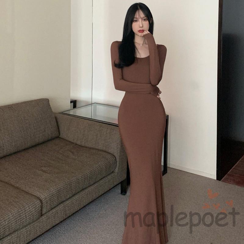 Đầm Đuôi Cá Dài Tay Cổ Chữ U Màu Sắc Đơn Giản Thanh Lịch Dành Cho Nữ