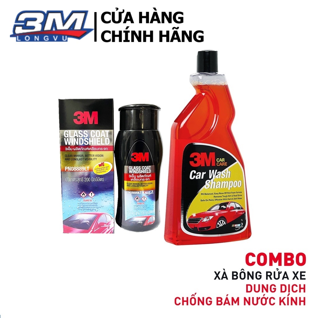 Combo Dung Dịch Chống Bám Nước Kính Xe 3M 08889 LT 200ml Và Xà Bông Rửa Xe 3M Car Wash Shampoo 1L - 3M Long Vu