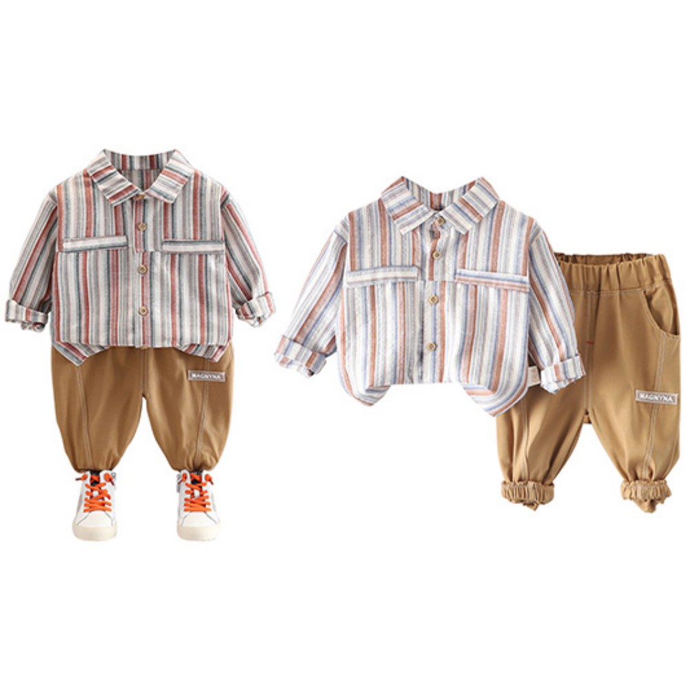 Set Áo Sơ Mi Kẻ Sọc + Quần Dài Phong Cách Hàn Quốc Cho Bé