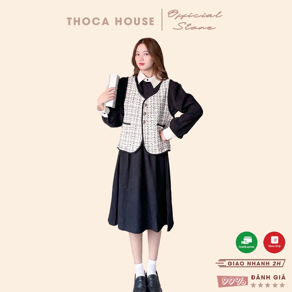 Set đầm sơ mi tay dài phối áo gile nâu, đen THOCA HOUSE cao cấp dày dặn, ulzzang cực xinh xắn nữ tính